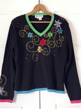 Vintage Jack B Quick Floral Sequin Sweater XL Colorful Festive Beaded Eclectic